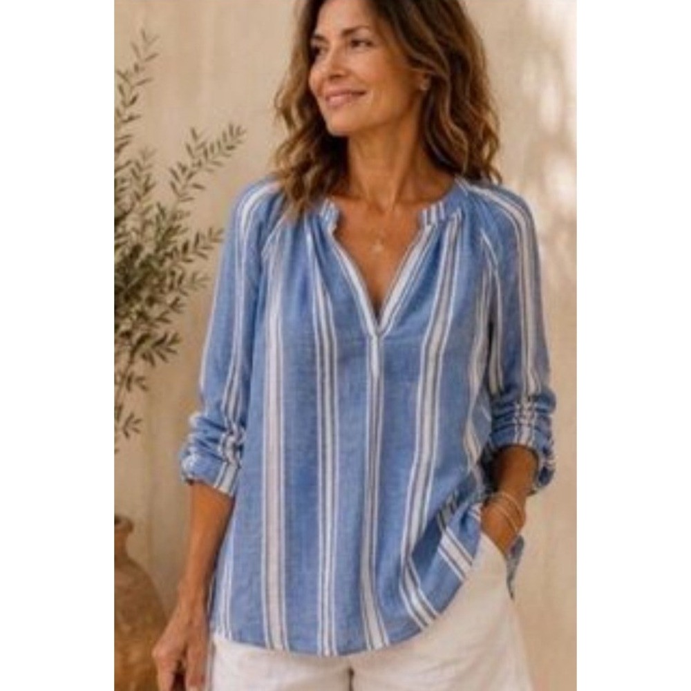 Soft Surroundings V Neck Popover Tunic Blouse Beachy Linen Blend Striped Blue M